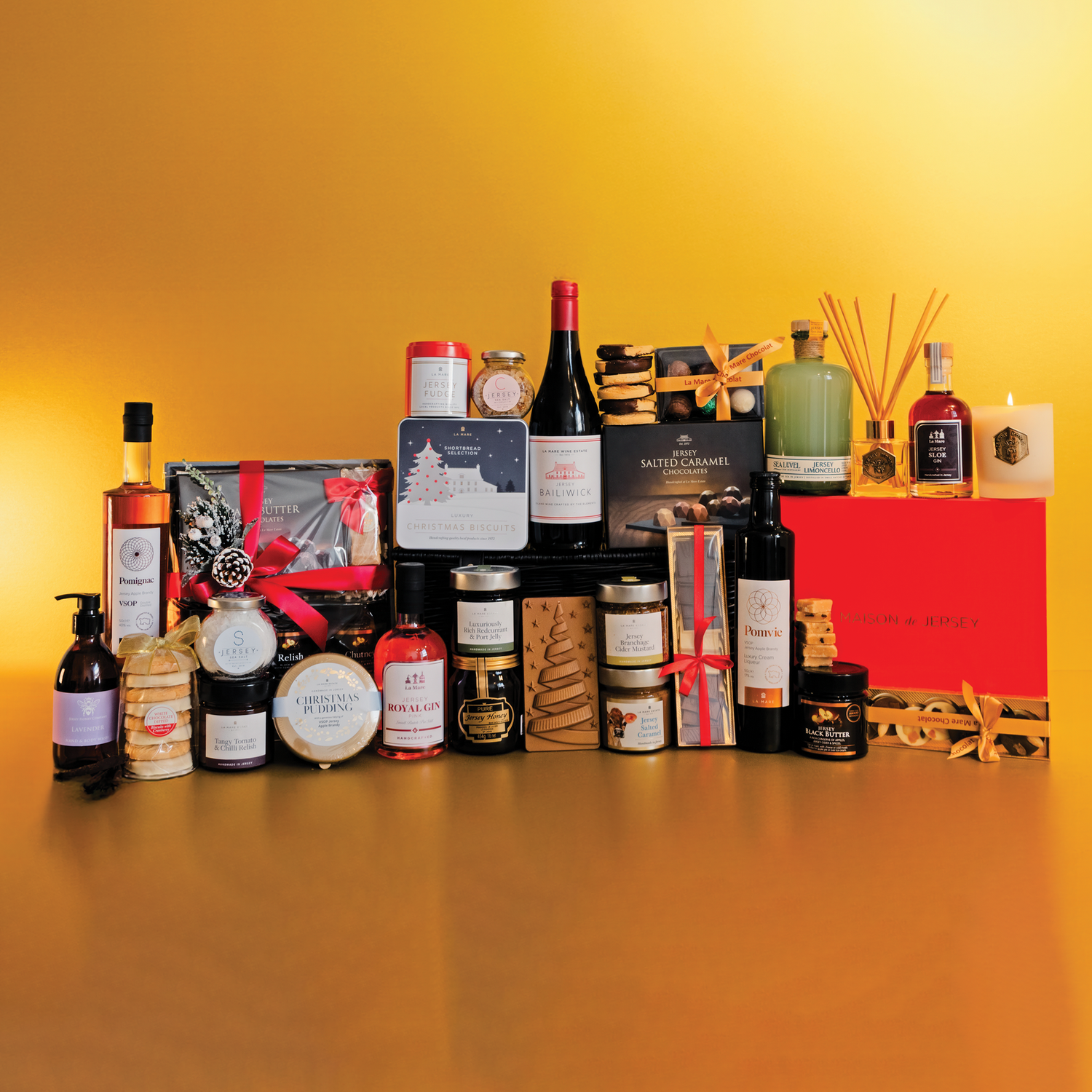 A selection of Jersey food products and a picnic hamper